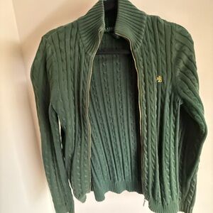 Ralph Lauren Dark Green Cable-Knit Zip Cardigan with Gold RL Crest